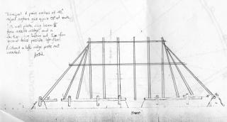 Ian T Wardle's reconstruction sketch: Main house with roof timber supports
