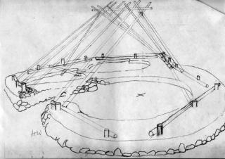 Ian T Wardle's reconstruction sketch: Main house roof with the roof timbers