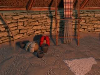 Round house interior with weaving equipment