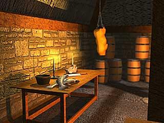 Manor Kitchen: barrels, food on table, pig and candles