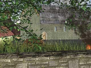 Manor coutryard, ground level view over the wall